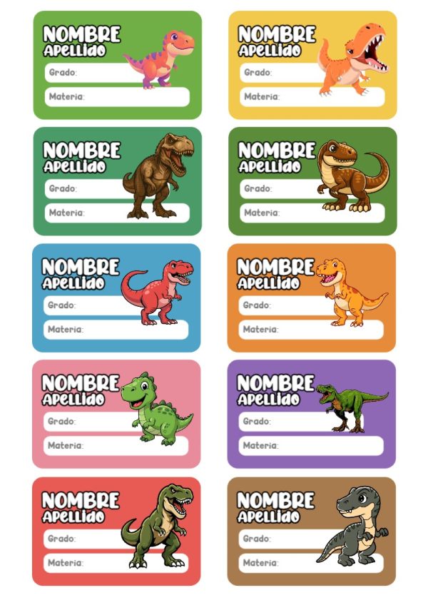 Etiquetas escolares de Dinosaurios Primaria Escolares listas para recortar - con colores vivos y llamativos