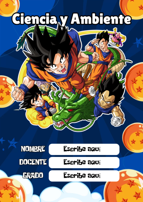 Portada de Dragon Ball de Ciencia y Ambiente para cuaderno para clases - diseño exclusivo y original