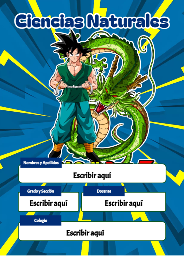 Portada de Dragon Ball de Ciencias Naturales para cuaderno bonita para imprimir - con colores vivos y llamativos