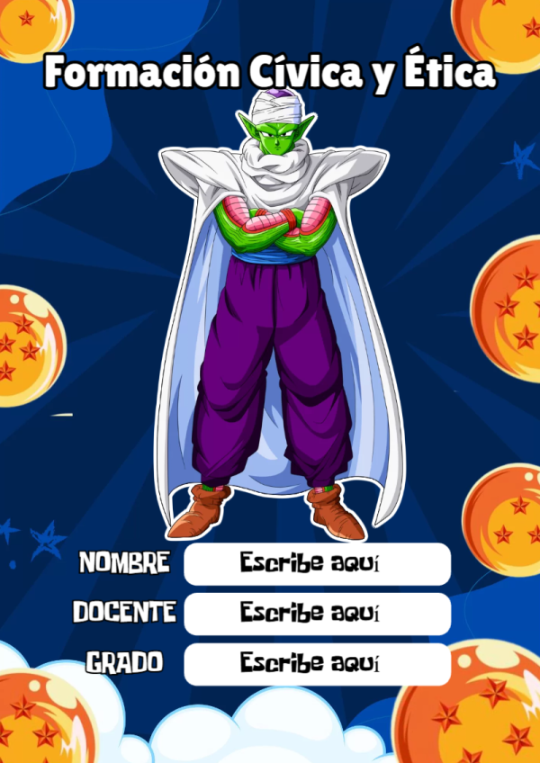 Portada de Dragon Ball de Formación Cívica y Ética para cuaderno en tamaño A4 - creación especial de Mini Canva
