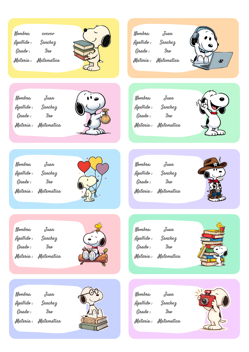 Etiquetas Escolares de Etiquetas bases Etiquetas bases Etiquetas Snoopy para Imprimir y Editar Gratis