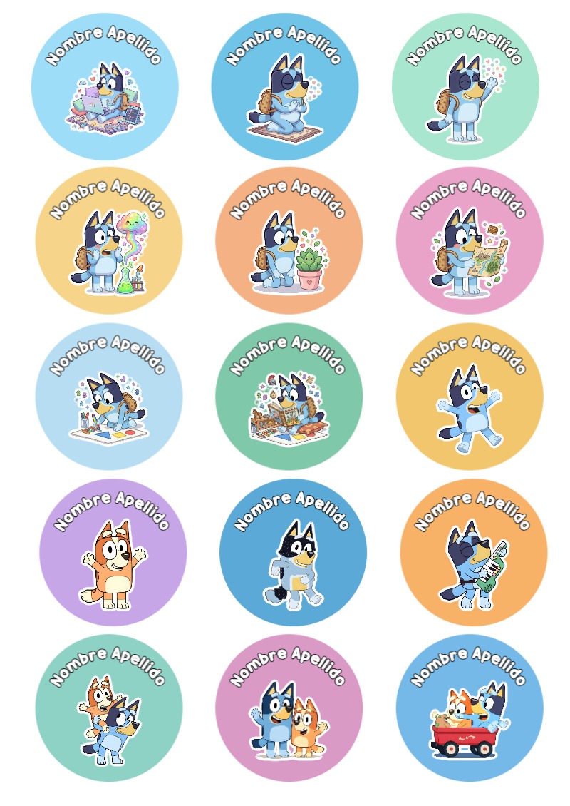Etiquetas personalizadas de Etiquetas Escolares para Cuadernos de Bluey para imprimir en A4 - perfecto para organizar tus apuntes