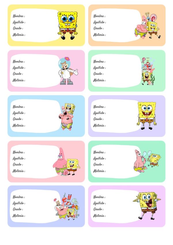 Etiquetas personalizadas de Etiquetas Escolares para Cuadernos de Bob Esponja para imprimir en A4 - para todas las edades y grados
