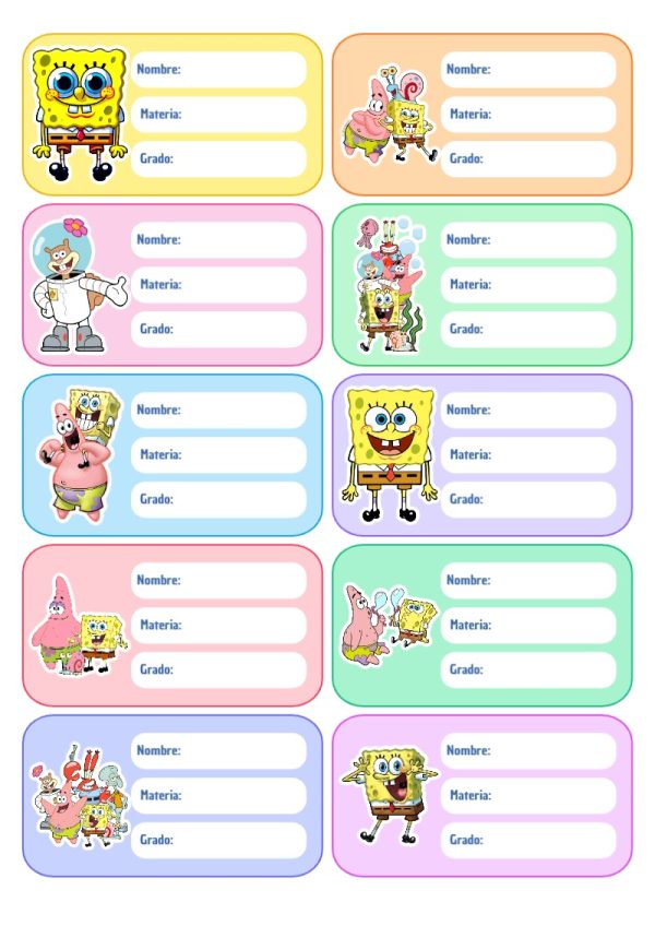 Etiquetas personalizadas de Etiquetas Escolares para Cuadernos de Bob Esponja para imprimir en A4 - diseño escolar moderno