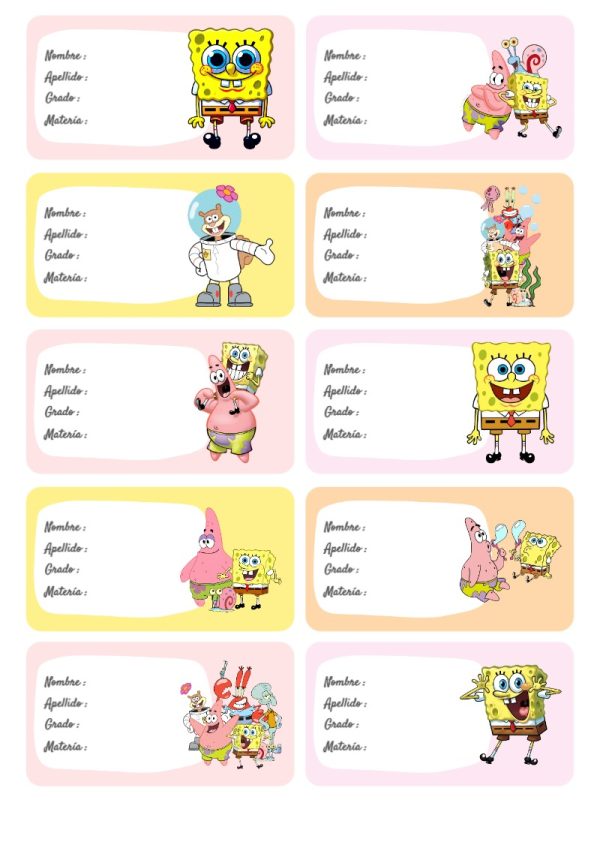 Etiquetas de Etiquetas Escolares para Cuadernos de Bob Esponja para cuadernos y útiles escolares - perfecto para organizar tus apuntes