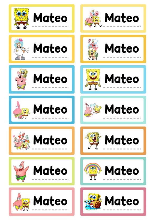Etiquetas escolares de Etiquetas Escolares para Cuadernos de Bob Esponja listas para recortar - diseño exclusivo y original
