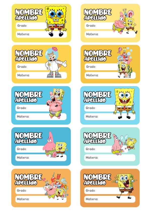 Plantilla de etiquetas escolares de Etiquetas Escolares para Cuadernos de Bob Esponja para imprimir - para el regreso a clases