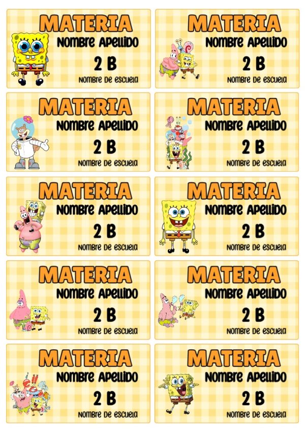 Etiquetas escolares de Etiquetas Escolares para Cuadernos de Bob Esponja bonitas para imprimir - para todas las edades y grados
