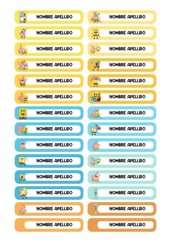 Etiquetas bonitas de Etiquetas Escolares para Cuadernos de Bob Esponja para el nuevo año escolar - ideal para cuadernos de espiral