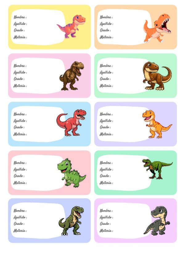 Etiquetas escolares de Etiquetas Escolares para Cuadernos de Dinosaurios Primaria listas para recortar - perfecto para organizar tus apuntes