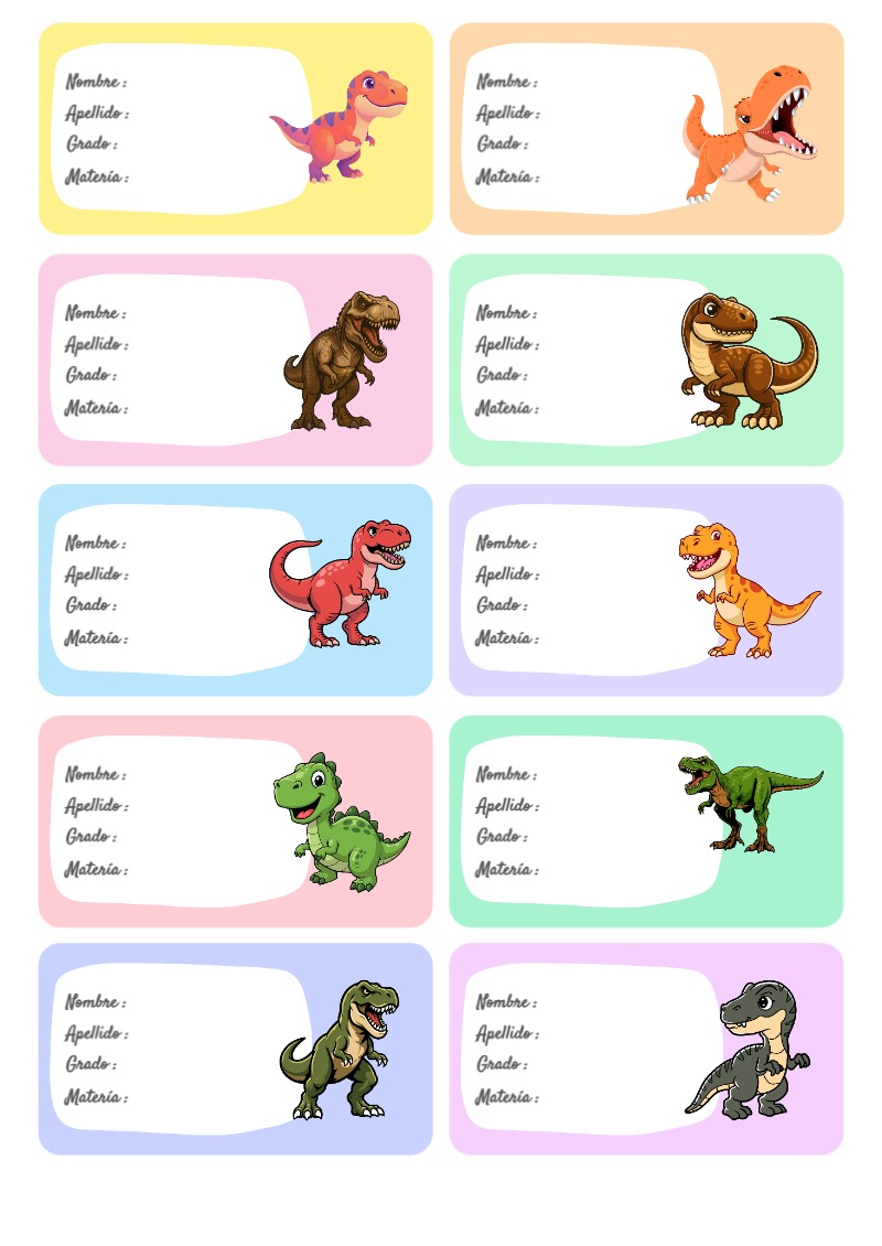Etiquetas Escolares para Cuadernos de Dinosaurios Primaria para Imprimir