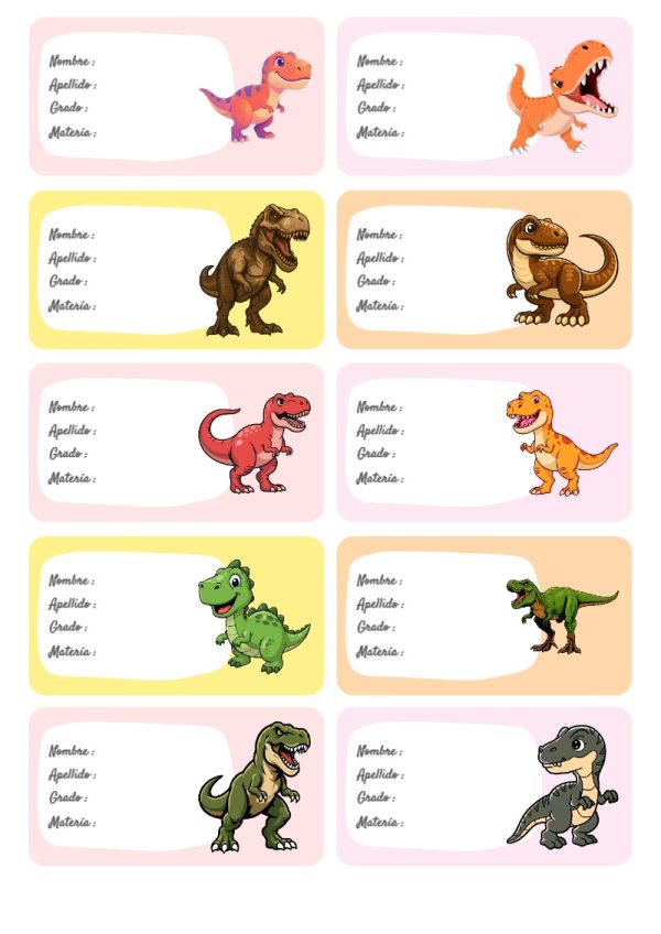 Plantilla de etiquetas escolares de Etiquetas Escolares para Cuadernos de Dinosaurios Primaria para imprimir - diseño exclusivo y original