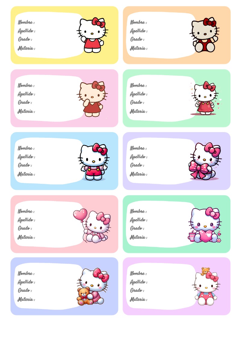 Plantilla de etiquetas escolares de Etiquetas Escolares para Cuadernos de Hello Kitty gatito gato para imprimir - formato digital listo para usar