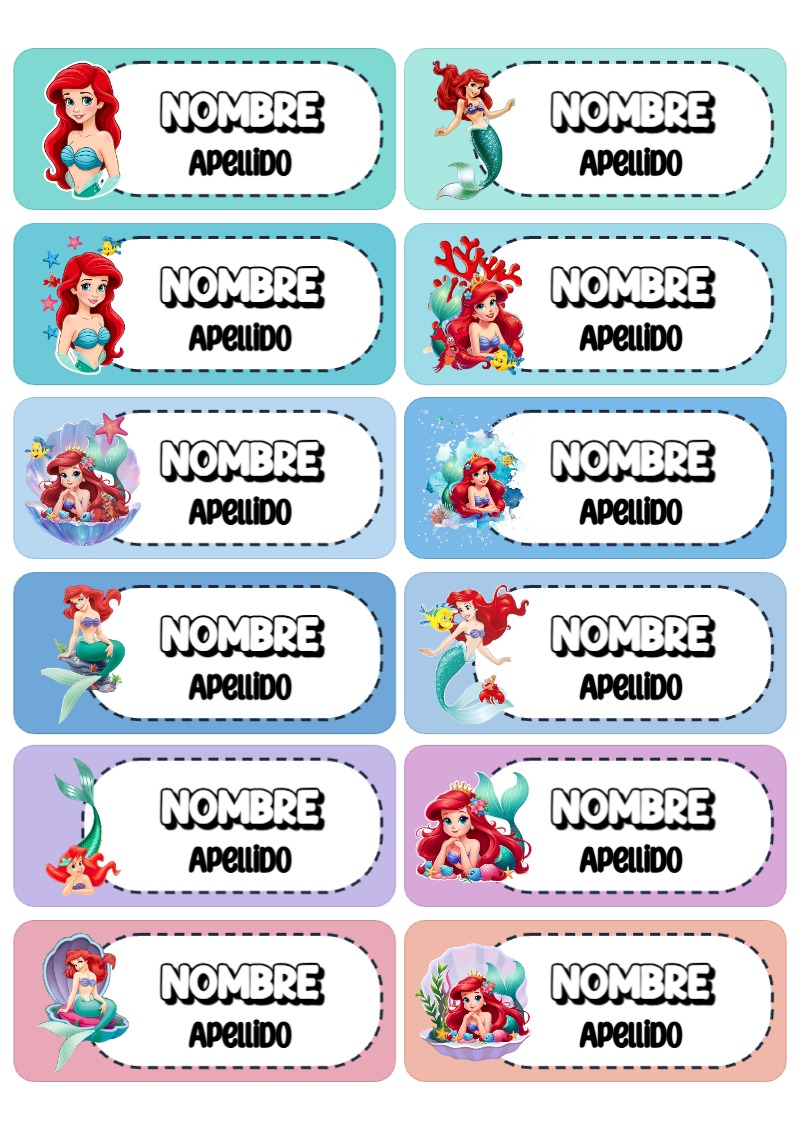 Plantilla de etiquetas escolares de Etiquetas Escolares para Cuadernos de LA SIRENITA para imprimir - ideal para el nuevo año escolar