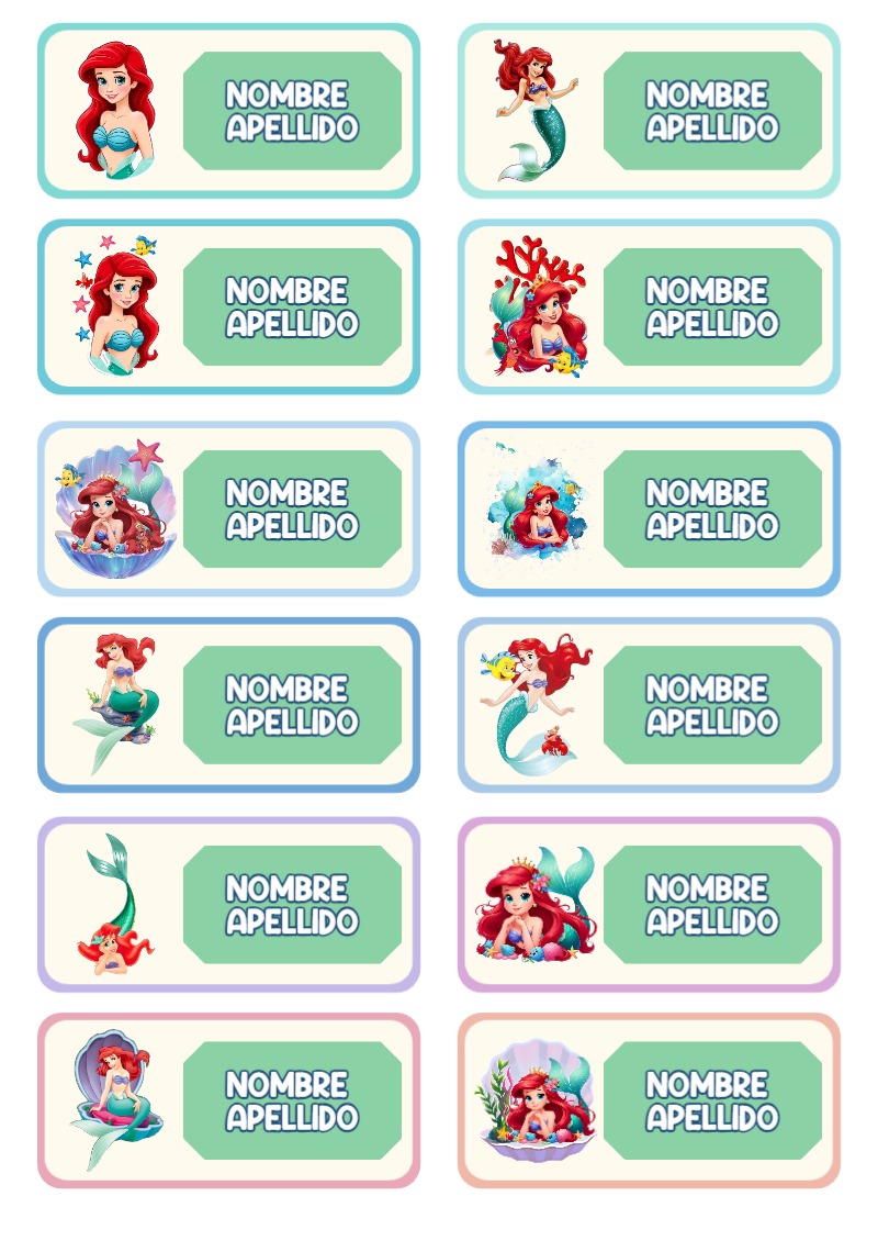 Etiquetas de Etiquetas Escolares para Cuadernos de LA SIRENITA para primaria y preescolar - con colores vivos y llamativos
