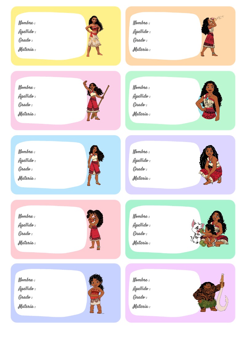 Etiquetas adhesivas de Etiquetas Escolares para Cuadernos de Moana para imprimir gratis - ideal para cuadernos de espiral