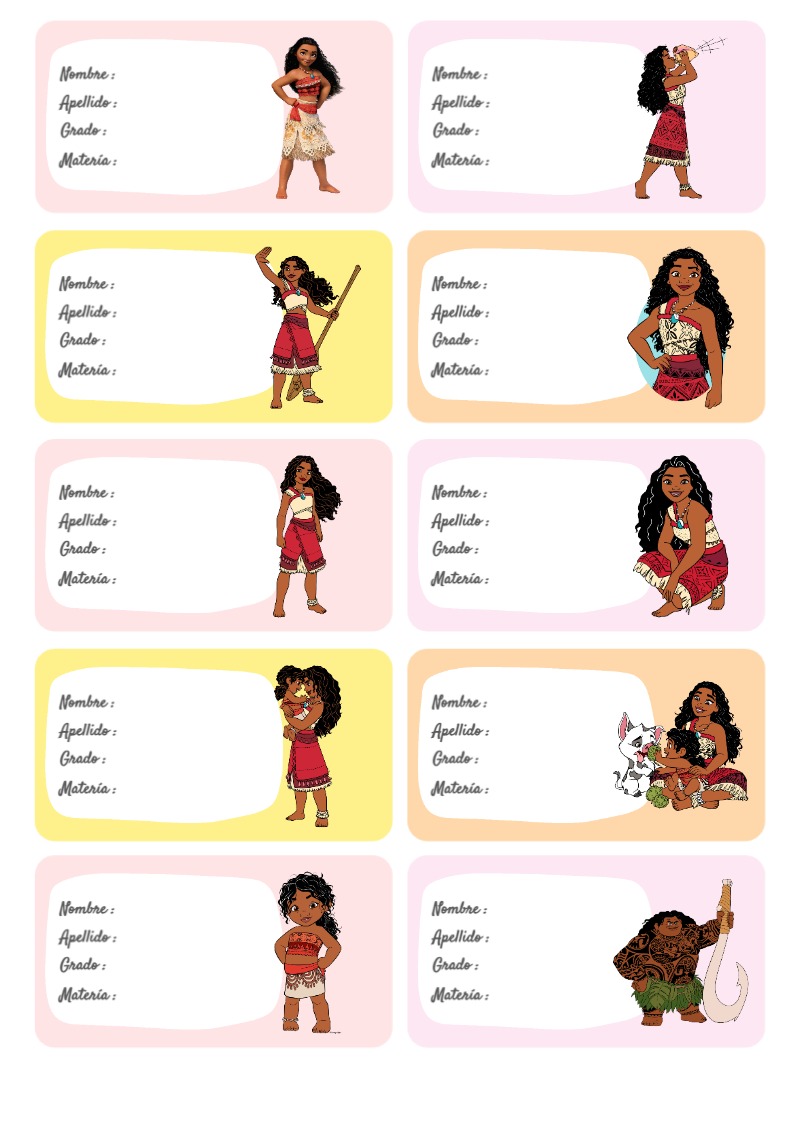 Etiquetas de Etiquetas Escolares para Cuadernos de Moana para cuadernos y útiles escolares - ideal para cuadernos de espiral