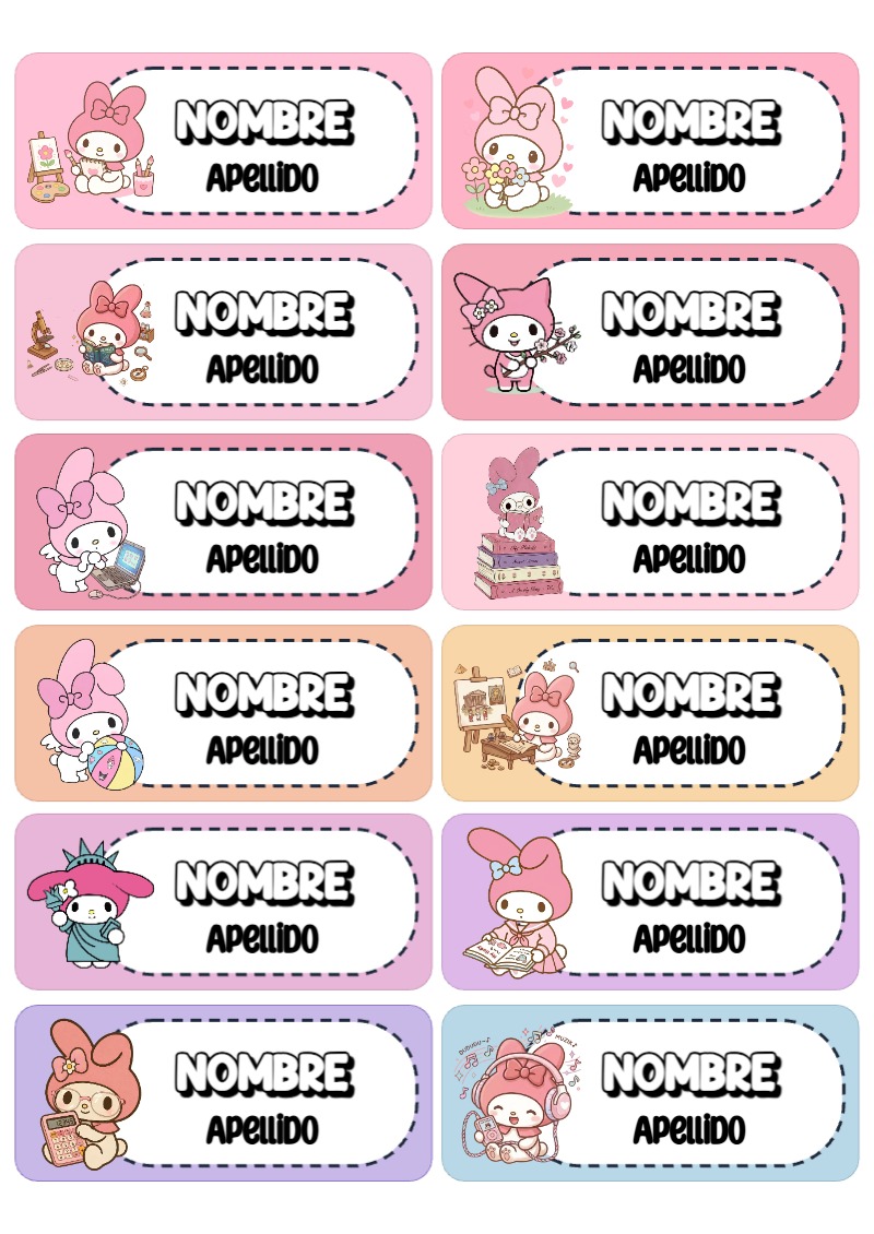 Etiquetas personalizadas de Etiquetas Escolares para Cuadernos de MY MELODY para imprimir en A4 - para todas las edades y grados