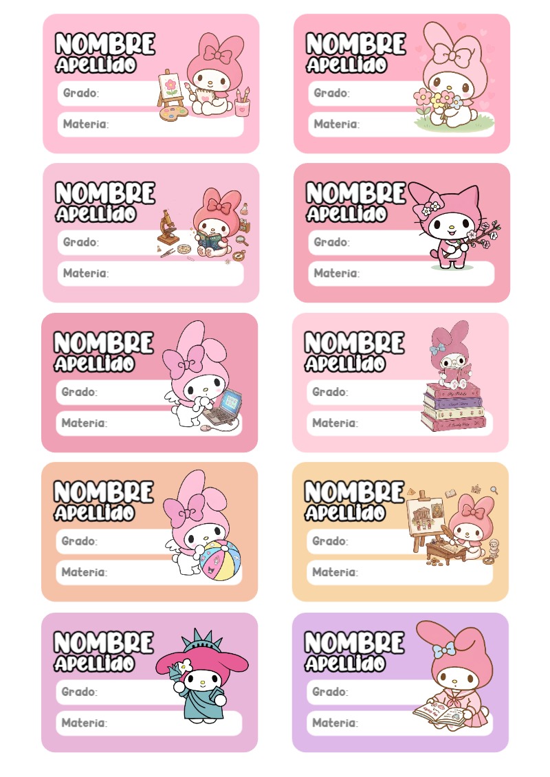 Etiquetas personalizadas de Etiquetas Escolares para Cuadernos de MY MELODY para imprimir en A4 - ideal para el nuevo año escolar