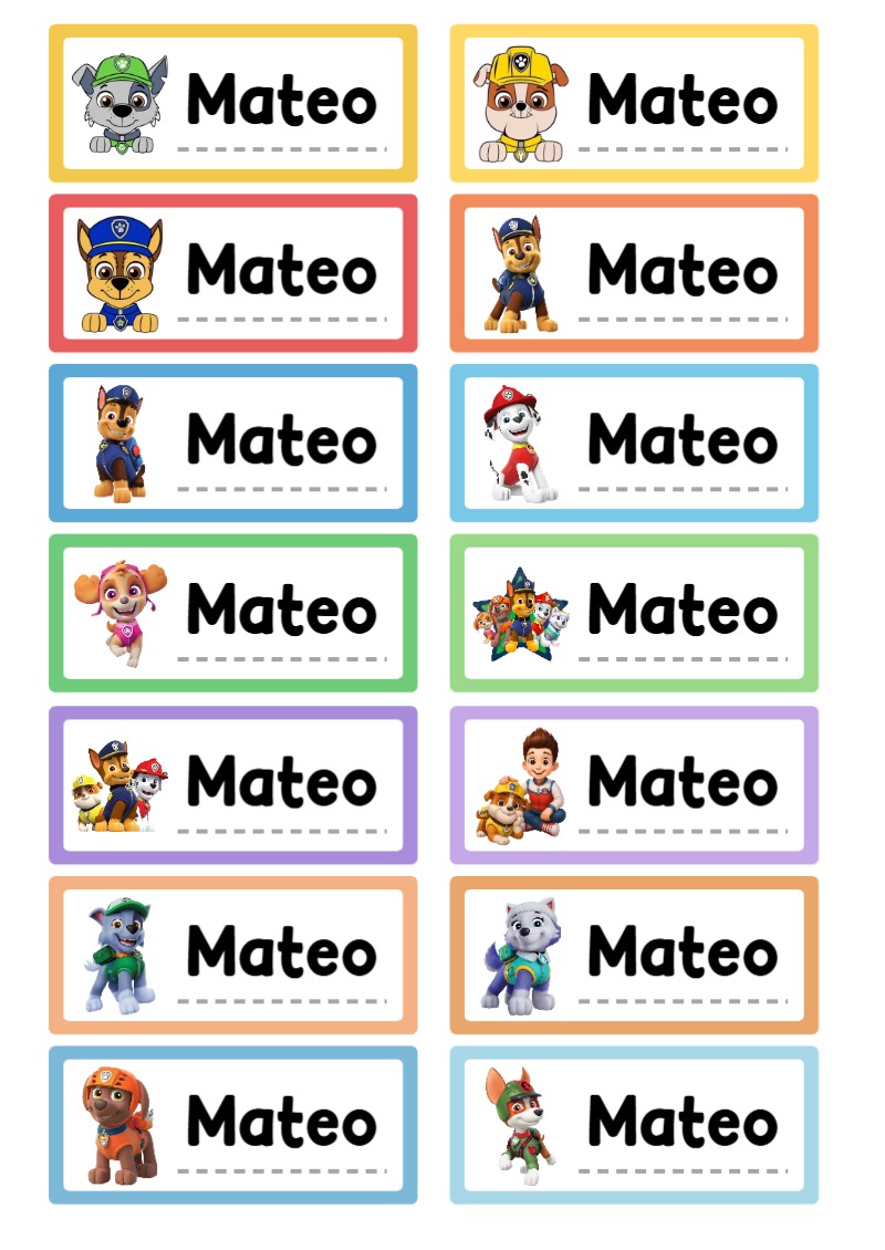 Etiquetas de Etiquetas Escolares para Cuadernos de paw patrol para primaria y preescolar - formato digital listo para usar