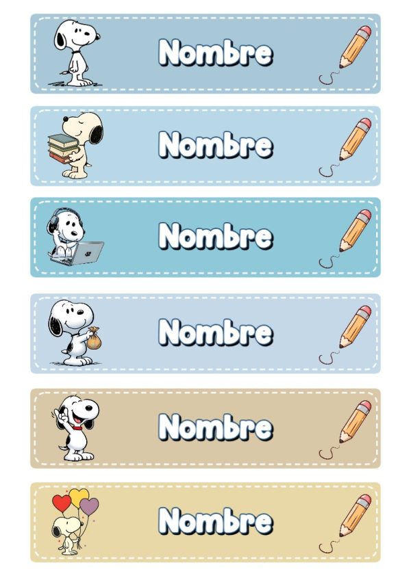 Etiquetas de Etiquetas Escolares para Cuadernos de Snoopy Perrito para cuadernos y útiles escolares - diseño exclusivo y original