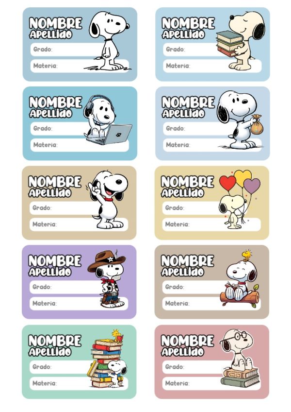 Etiquetas personalizadas de Etiquetas Escolares para Cuadernos de Snoopy Perrito para imprimir en A4 - perfecto para organizar tus apuntes