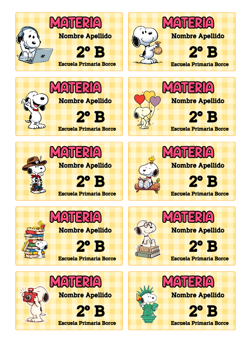 Etiquetas Escolares de Etiquetas Snoopy para Imprimir y Editar Gratis
