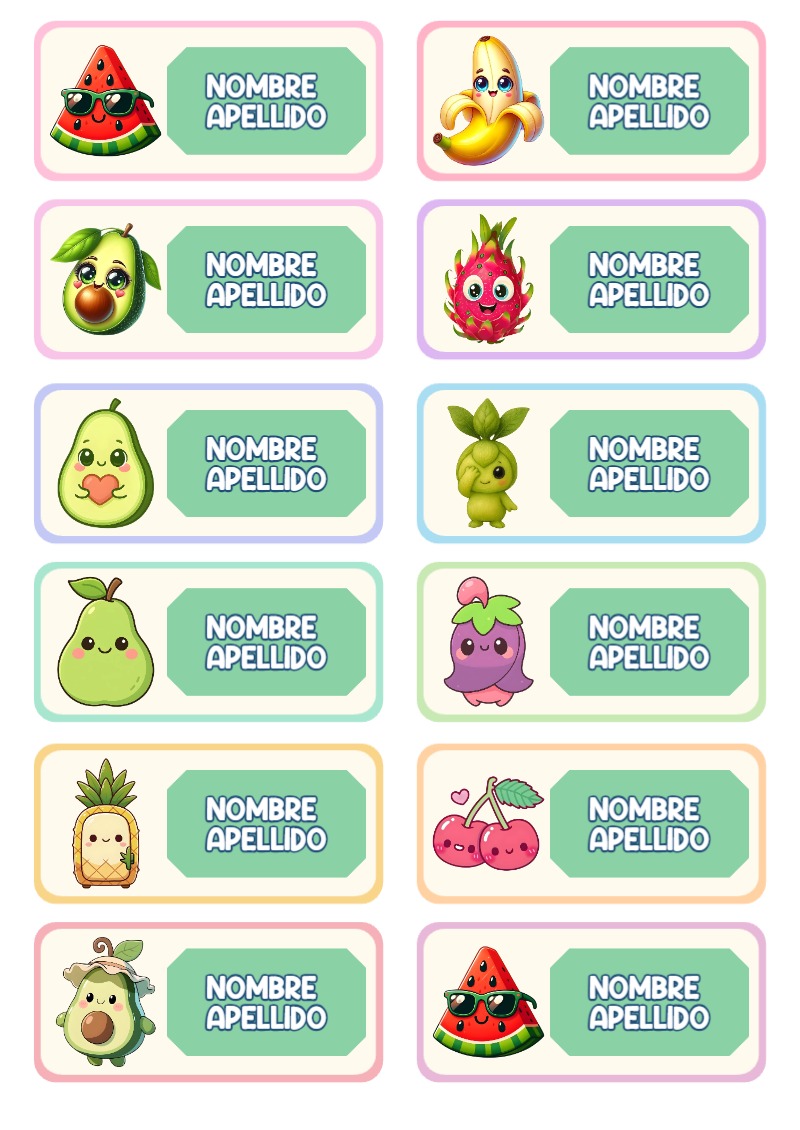 Etiquetas de Frutas Kawaii para cuadernos y útiles escolares - formato digital listo para usar