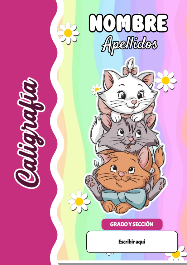 Portada de Gatita Marie de Caligrafía para cuaderno lista para imprimir en A4 - para el regreso a clases
