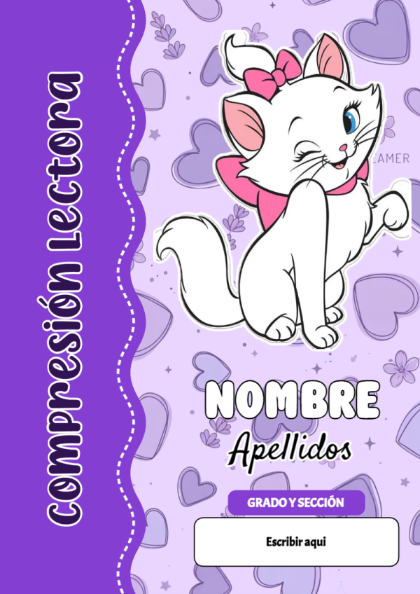 Portada de Gatita Marie de Compresión Lectora para cuaderno en formato A4 - tendencia educativa 2026