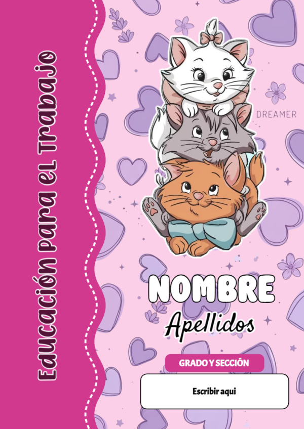Portada de Gatita Marie de Educación para el Trabajo para cuaderno decorativa y bonita - formato digital listo para usar