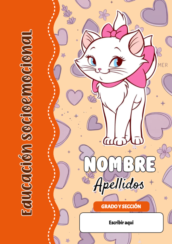 Portada de Gatita Marie de Educación Socioemocional para cuaderno personalizada para imprimir - para personalizar tus materias