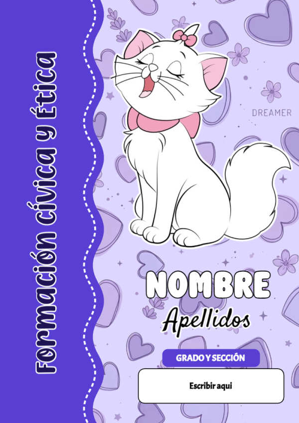 Portada de Gatita Marie de Formación Cívica y Ética para cuaderno en formato A4 - ideal para el nuevo año escolar