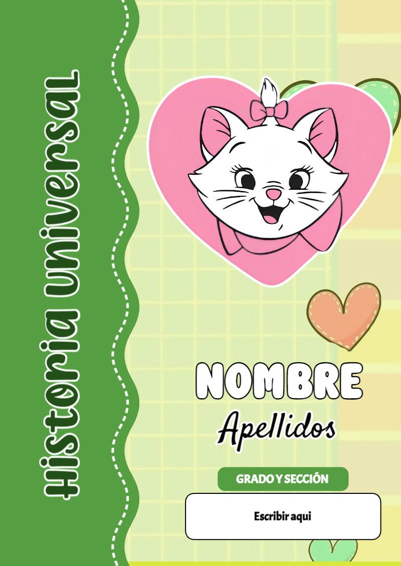 Portada de Gatita Marie de Historia Universal para cuaderno colorida y creativa - estilo único para estudiantes