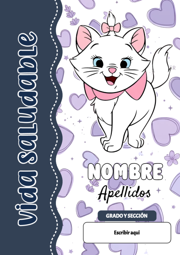 Portada de Gatita Marie de Vida Saludable para cuaderno fácil de imprimir - estilo único para estudiantes