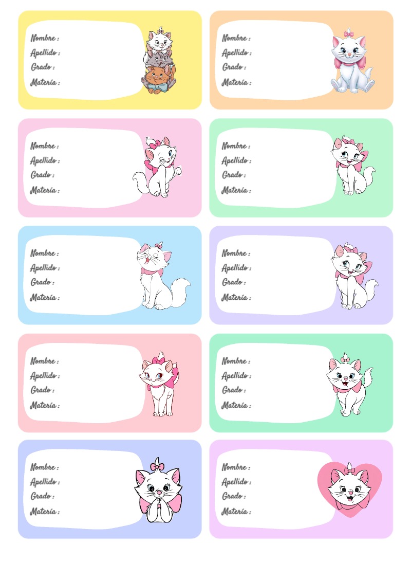 Etiquetas de Gatita Marie Escolares Editables para Imprimir Gratis
