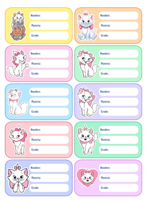Etiquetas de Gatita Marie Escolares para cuadernos y útiles escolares - formato digital listo para usar
