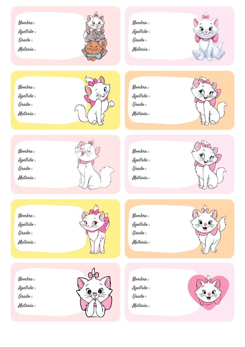 Plantilla de etiquetas escolares de Gatita Marie Escolares para imprimir - con colores vivos y llamativos