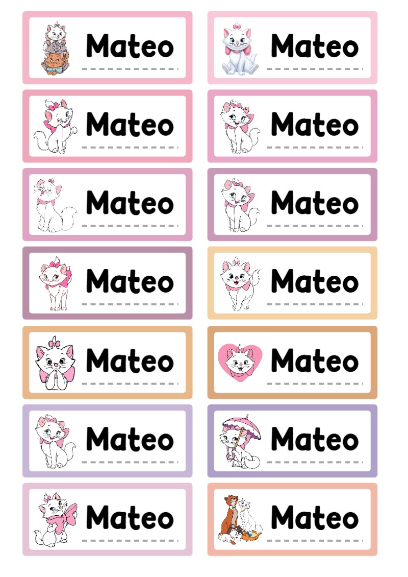 Etiquetas Escolares de Gatita Marie para Cuadernos Imprimir Gratis