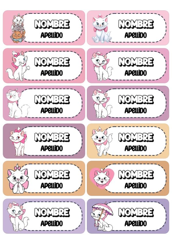 Plantilla de etiquetas escolares de Gatita Marie para imprimir - versión premium para imprimir