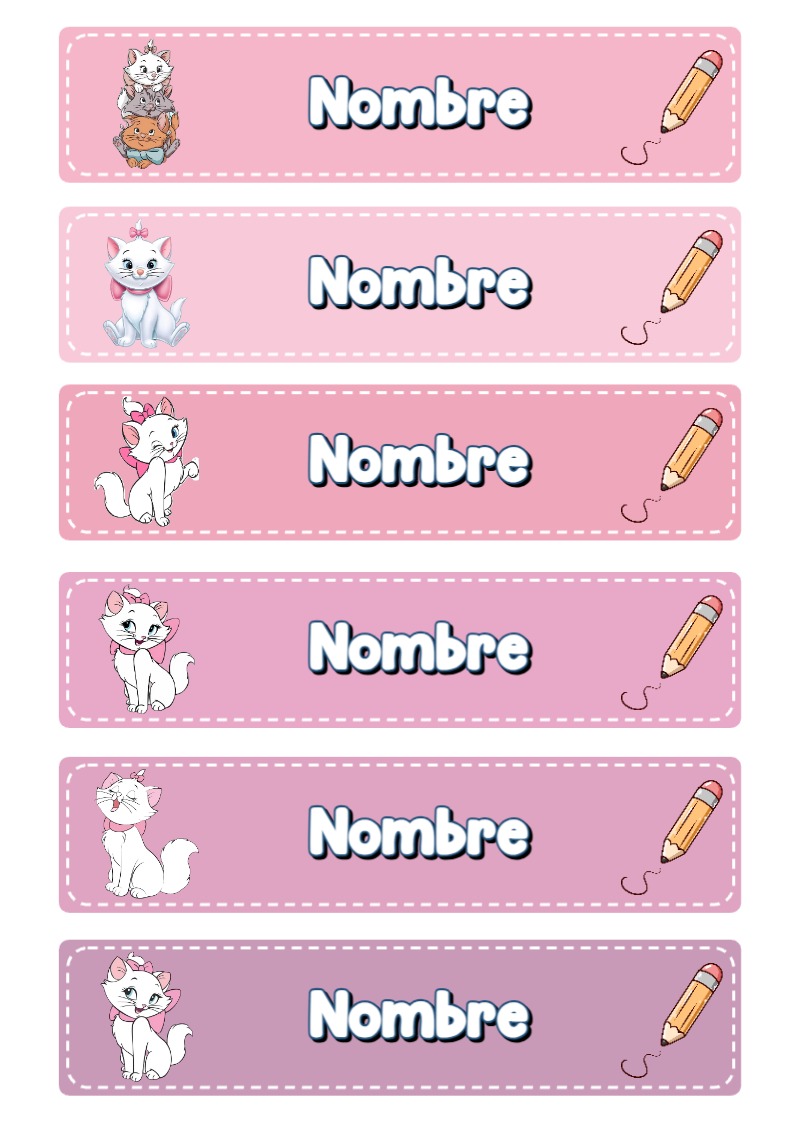 Etiquetas personalizadas de Gatita Marie para imprimir en A4 - estilo único para estudiantes