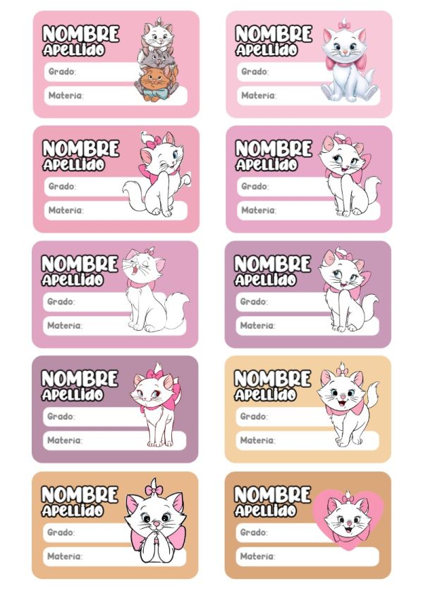 Etiquetas personalizadas de Gatita Marie para imprimir en A4 - para personalizar tus materias