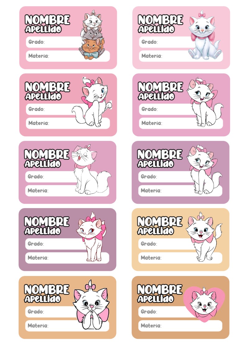 Etiquetas personalizadas de Gatita Marie para imprimir en A4 - para personalizar tus materias