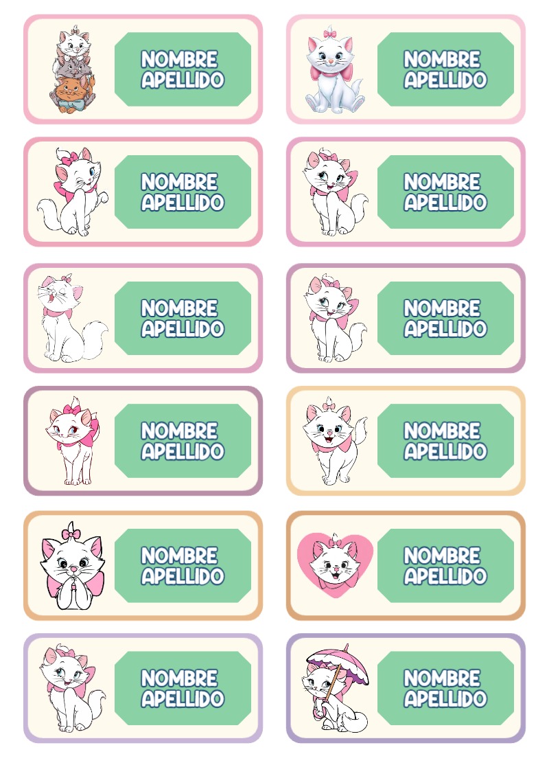 Etiquetas bonitas de Gatita Marie para el nuevo año escolar - estilo único para estudiantes