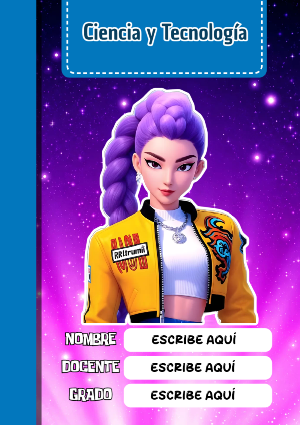 Portada de Guerreras K pop de Ciencia y Tecnología para cuaderno lista para imprimir en A4 - con colores vivos y llamativos