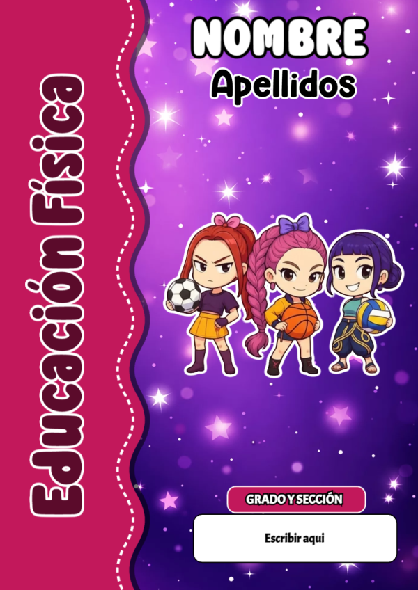 Portada de Guerreras K pop de Educación Física para cuaderno lista para imprimir en A4 - estilo único para estudiantes