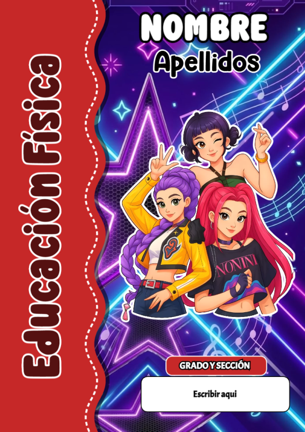 Portada de Guerreras K pop de Educación Física para cuaderno escolar creativa - formato digital listo para usar