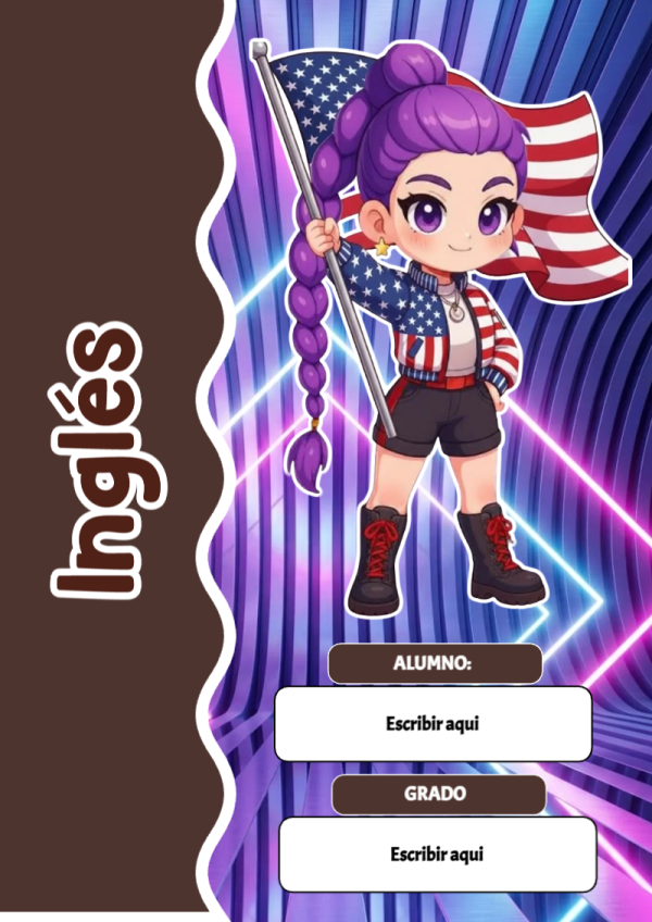Portada de Guerreras K pop de Inglés para cuaderno lista para imprimir en A4 - con colores vivos y llamativos