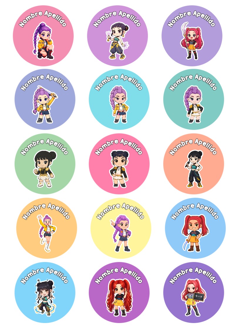 Etiquetas personalizadas de guerreras K-pop Escolares para imprimir en A4 - ideal para cuadernos de espiral