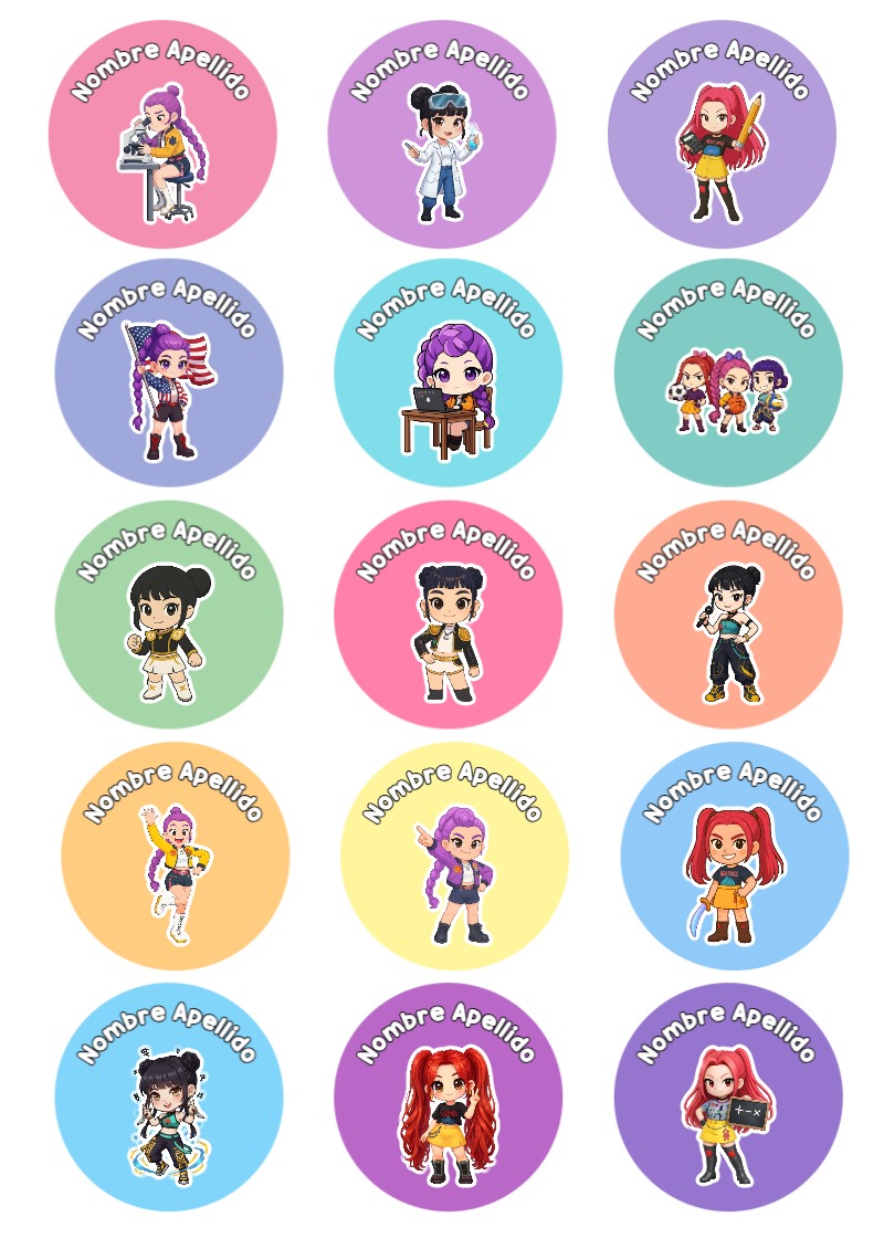 Plantilla de etiquetas escolares de guerreras K-pop para imprimir - para todas las edades y grados